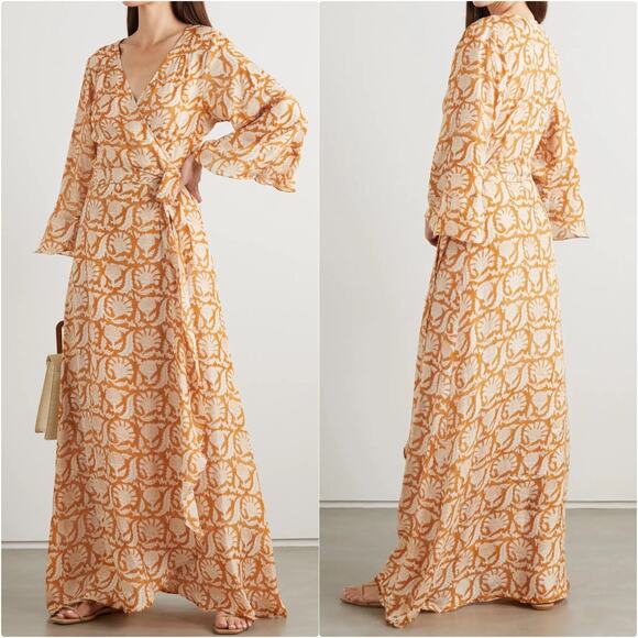 Hannah Artwear Luna Wrap Dress OS Silk Indian Block Print Boho Ruffle Feminine - Picture 2 of 14